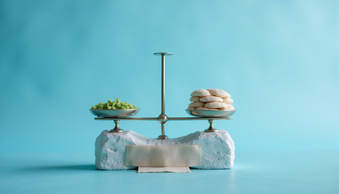  Surreal scene: balancing scales with benefits and risks, bandage, calming blue tones