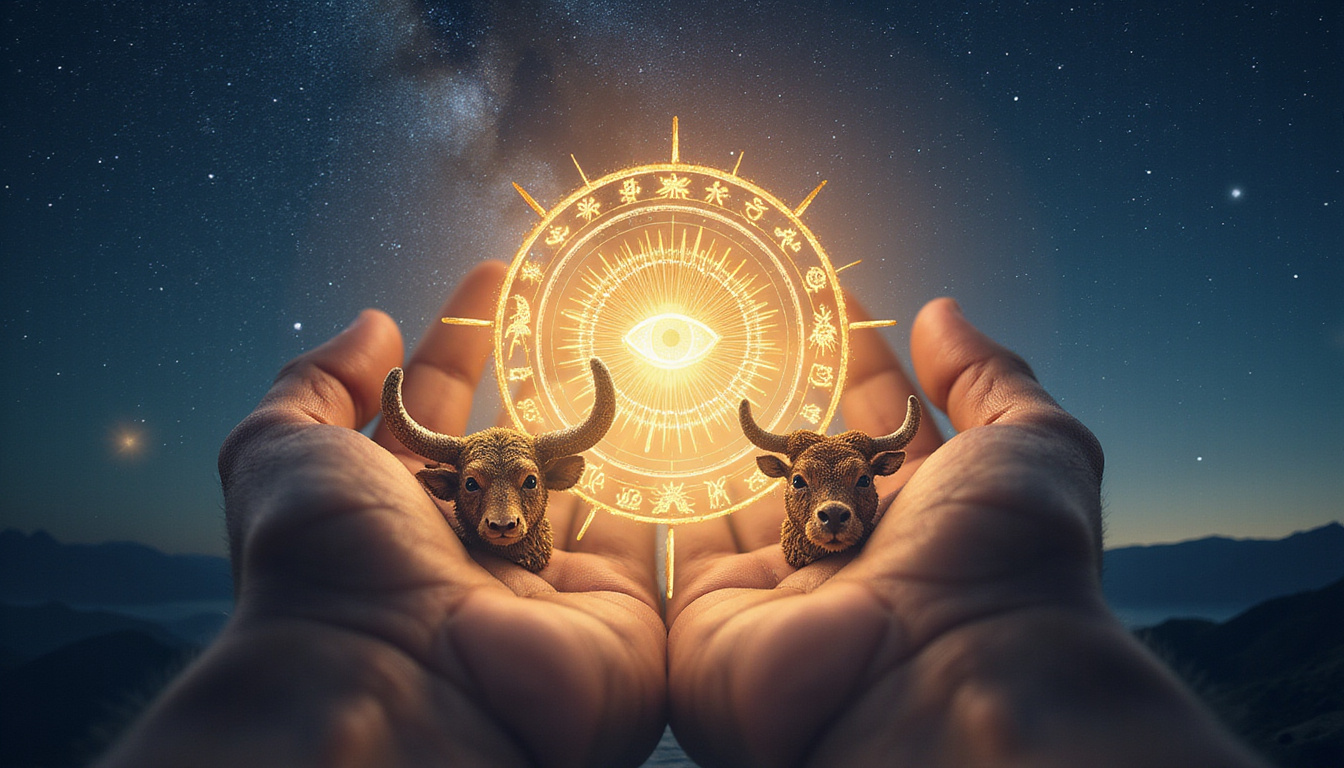 Hands revealing luminous animal totems, golden sigils, starry sky, intuitive third eye