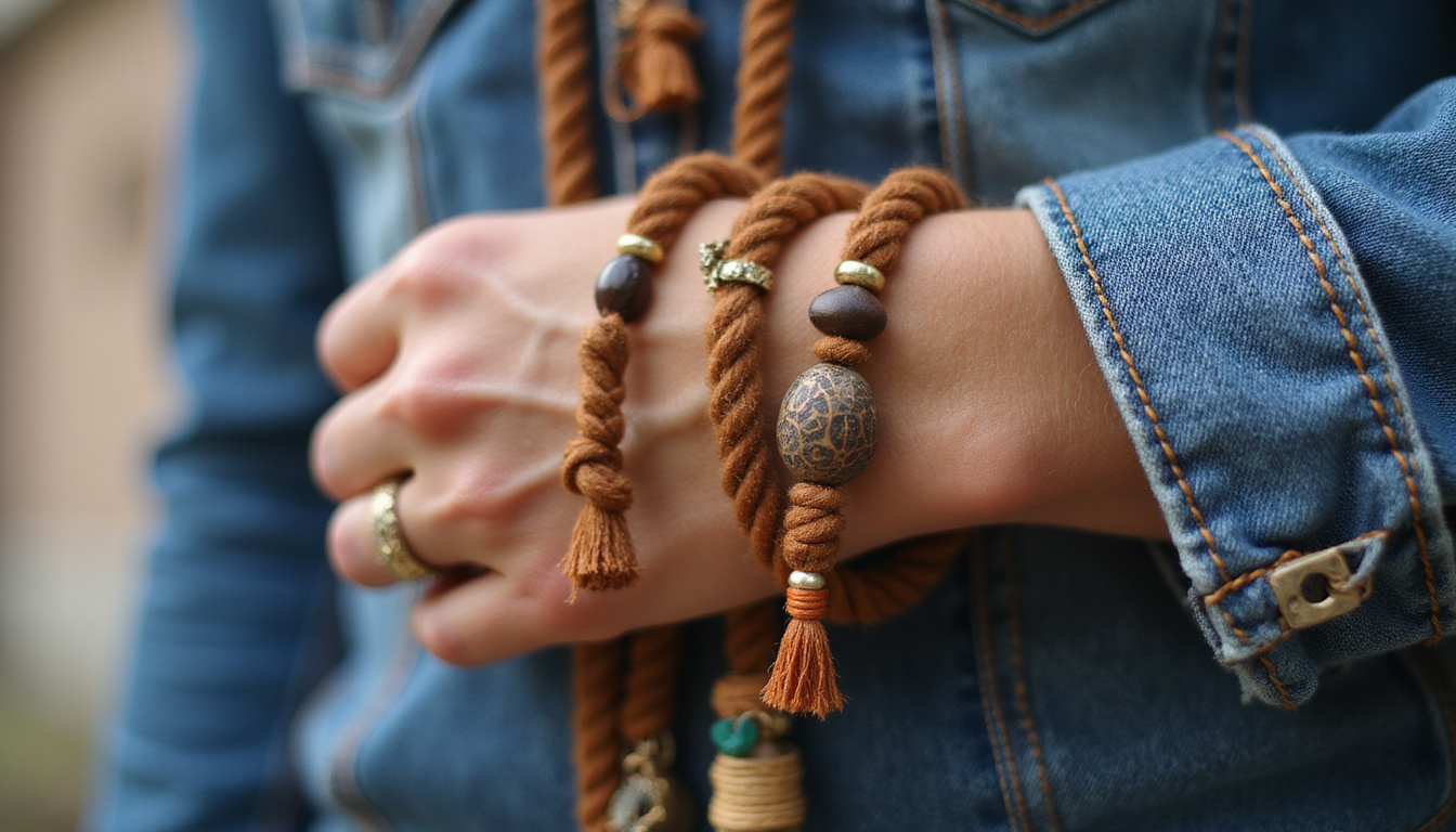  Close-up braided cotton sacred thread with worn beads, modern denim-clad wrist, urban festival background