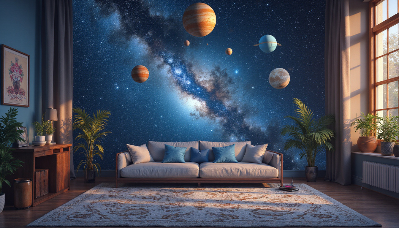 Cosmic studio with floating planets, tarot cards, soundwaves shaping romantic and career paths
