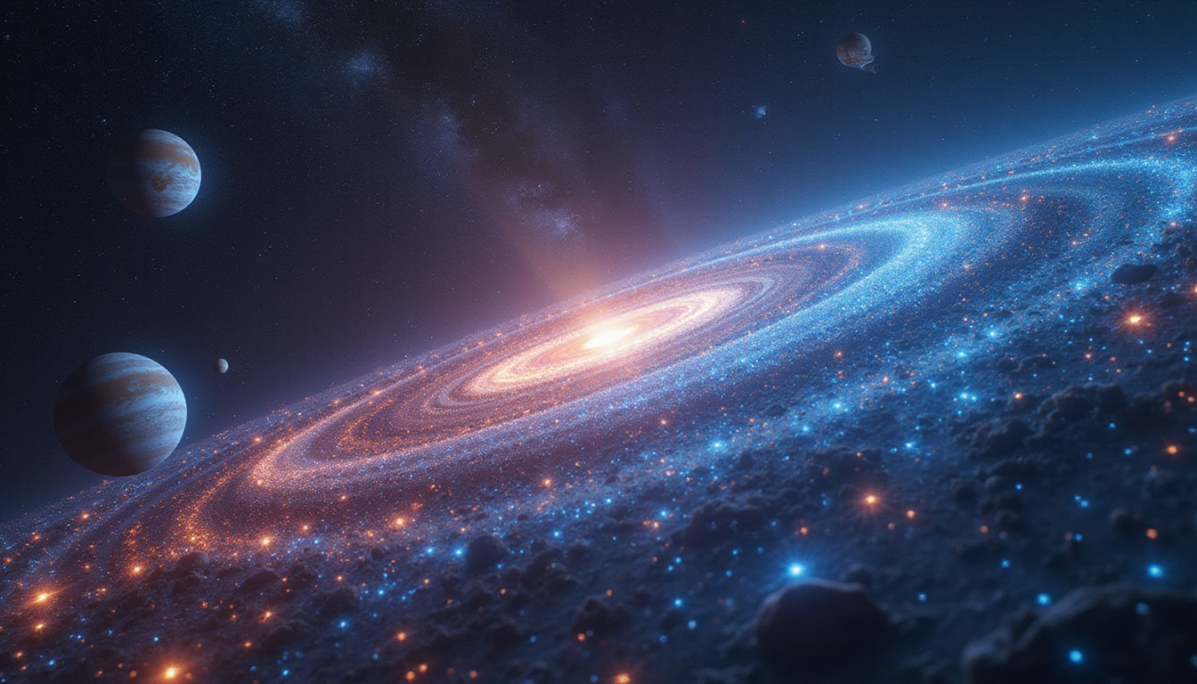 Scientific scene: astronomer mapping hidden forces, orbital resonances visualized as luminous ribbons around habitable worlds