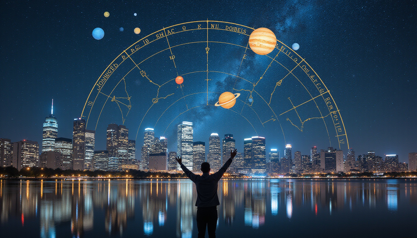 Detailed celestial map overlaying city skyline, expert