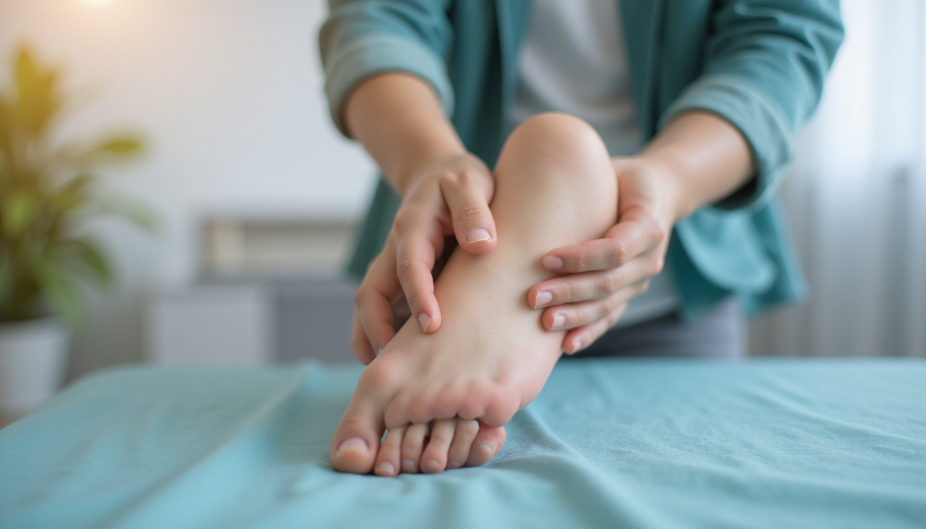  Close-up hands supporting a foot during gentle rehab exercise, soft clinical environment, hopeful atmosphere