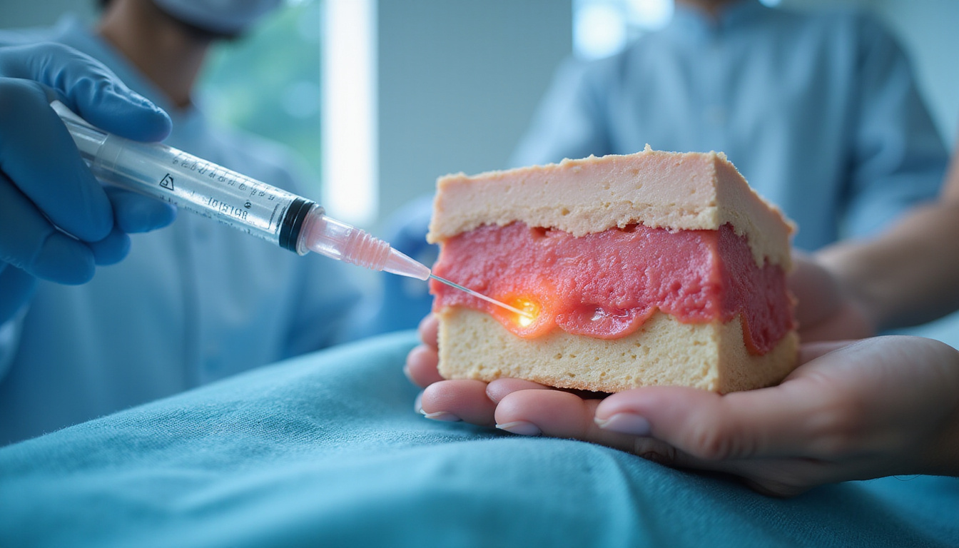 Futuristic non-surgical regeneration scene: surgeonless clinic, gentle injection, healed skin cross-section, hopeful light