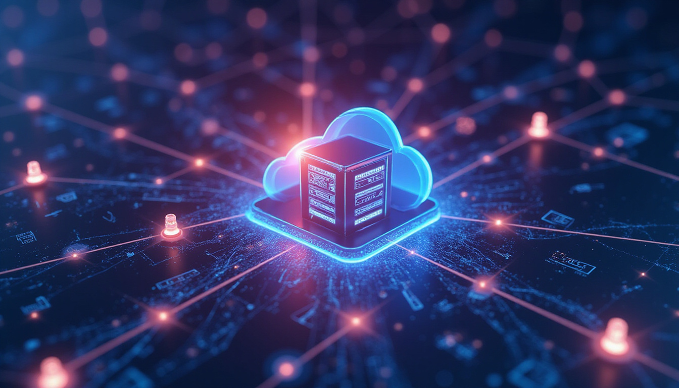  API integration concept, transparent server cloud linking property icons and automated robotic agents