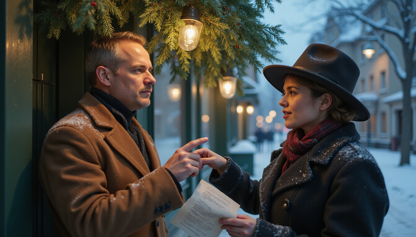  Victorian couple under mistletoe, historian pointing to scroll of facts, snowy street lamplight