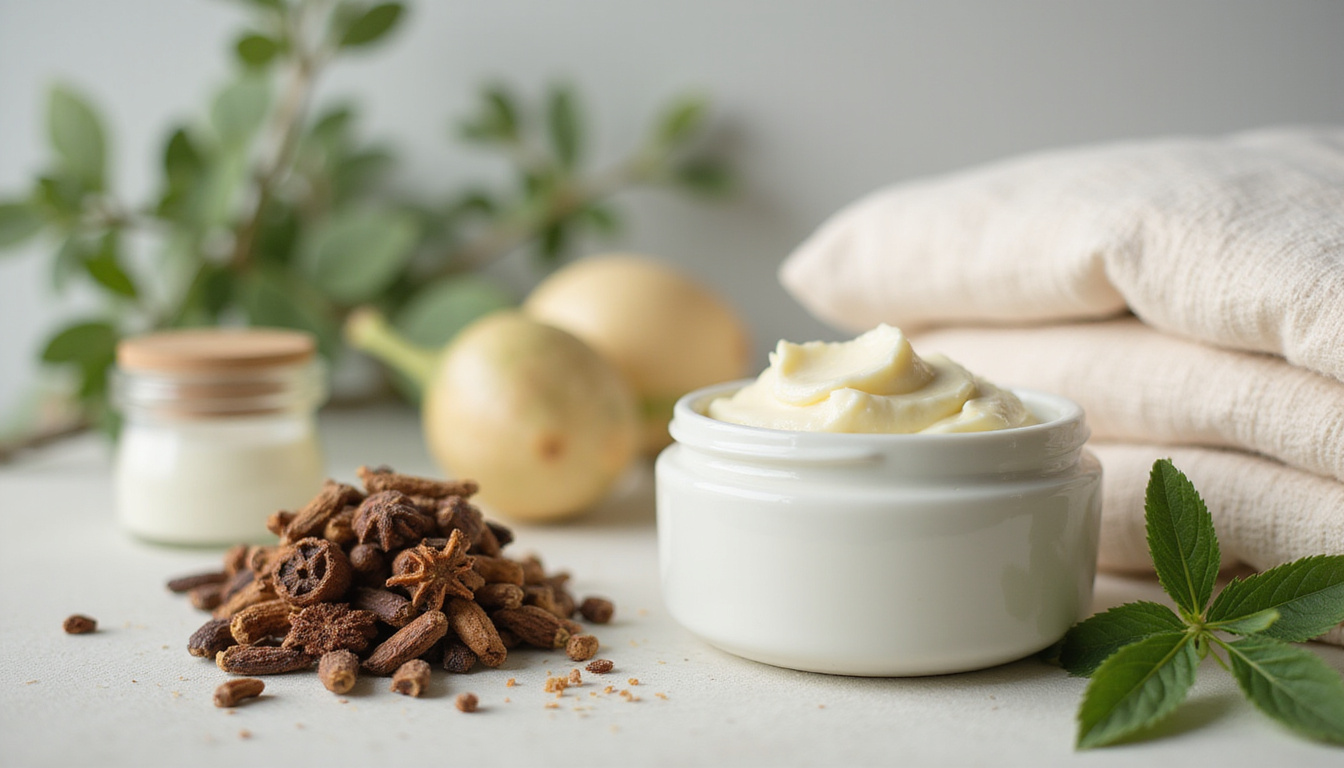  Natural spa scene: clove-infused cream on porcelain jar, eucalyptus, soft linens, glowing skin