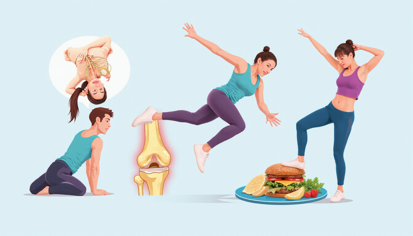  Healthy lifestyle montage: stretching, low-impact exercise, balanced diet, joint anatomy diagram glowing
