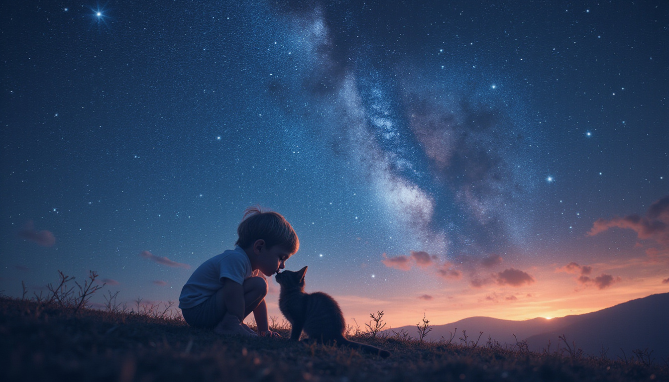  Child whispering to cat under glowing constellation of shared memories and healing symbols