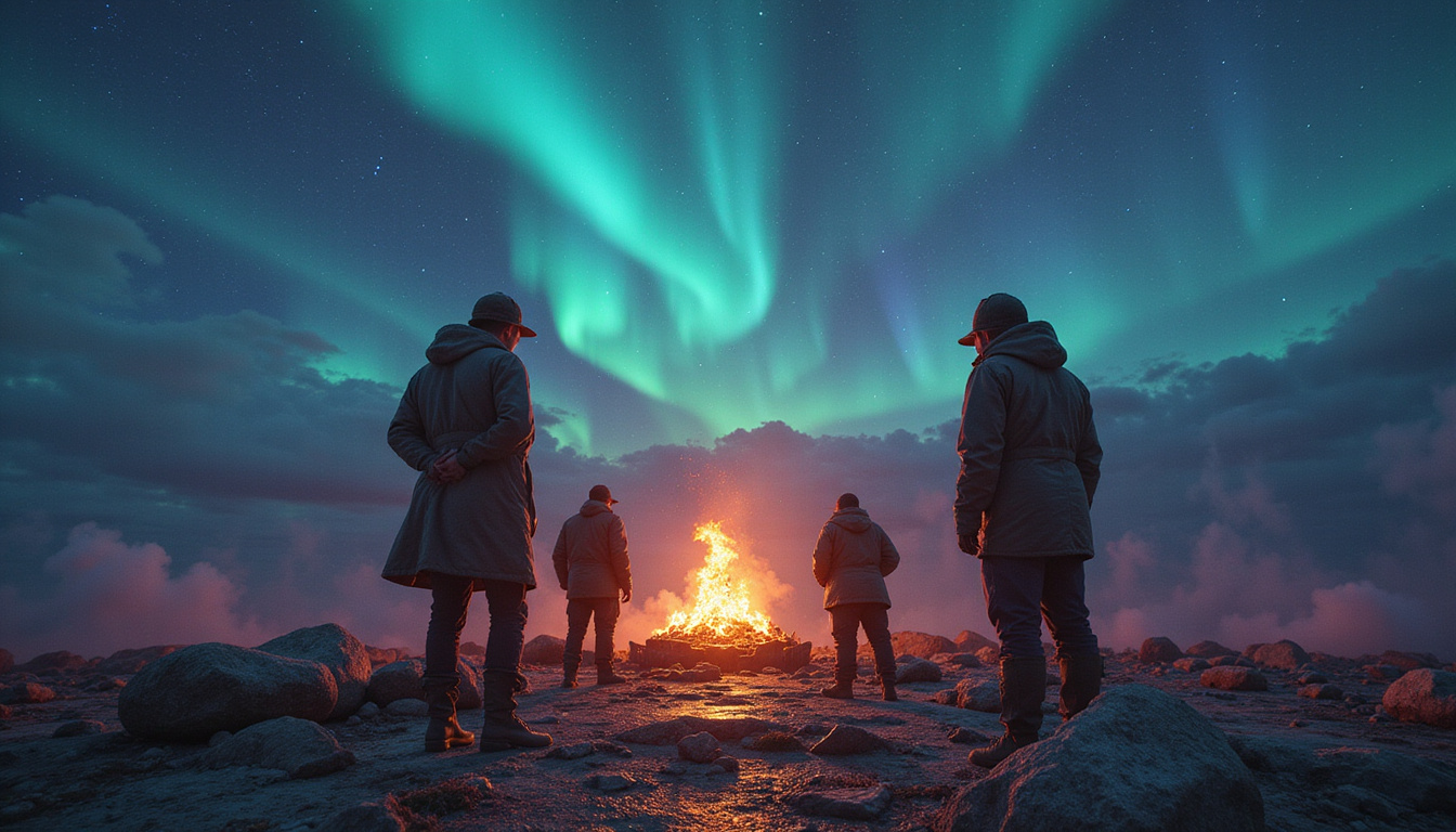  Archaeologists studying glowing altar, swirling aurora sky, mysterious runes illuminated by ember light