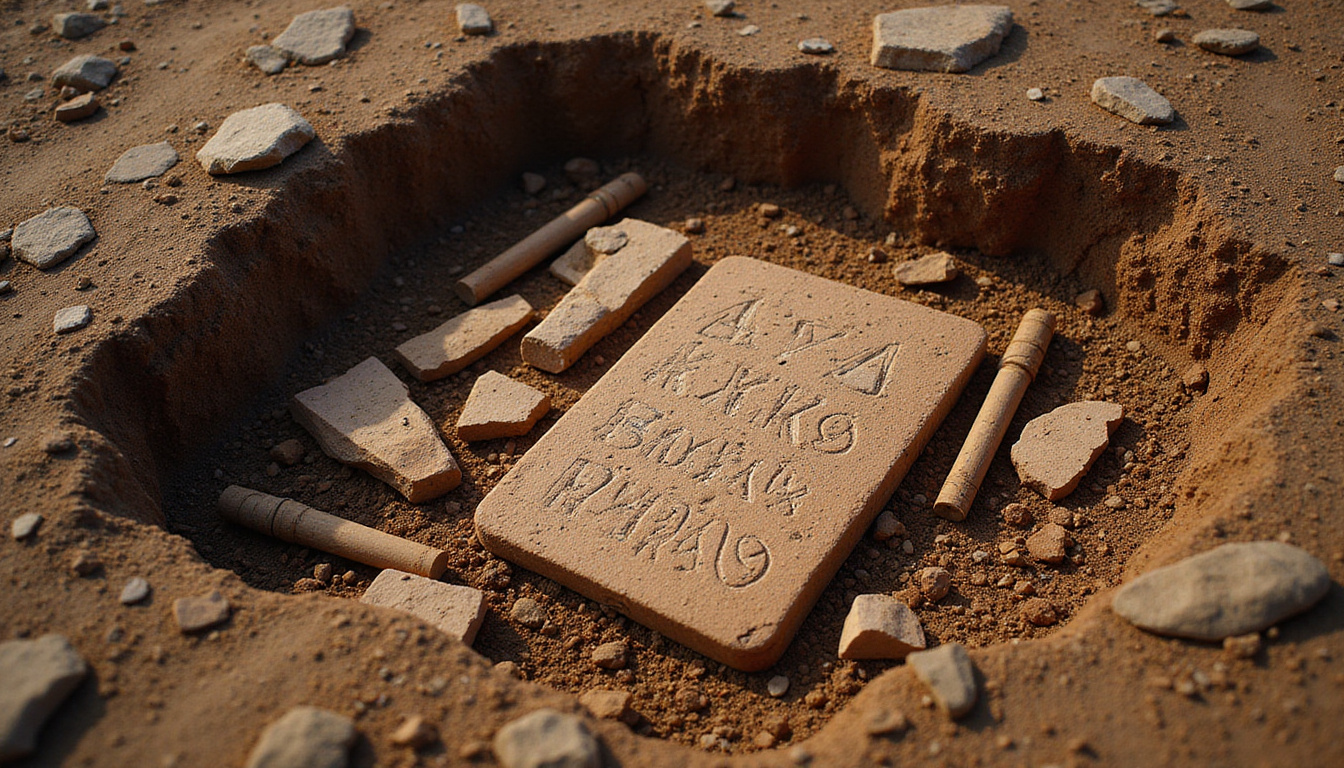  Cross-section of layered soil exposing pottery shards, engraved tablet, faint glowing glyphs, scientific tools