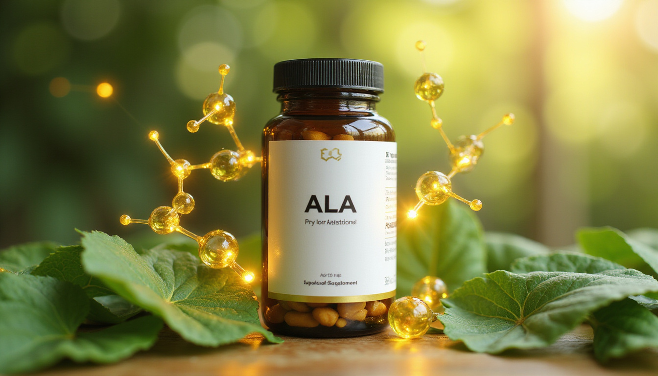  Minimalist supplement bottle labeled ALA surrounded by glowing antioxidant molecules, green leaves, calm aura