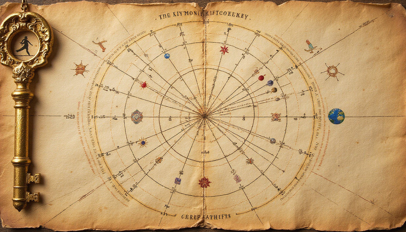  antique parchment birth chart with planetary glyphs, golden key unlocking constellation pathways
