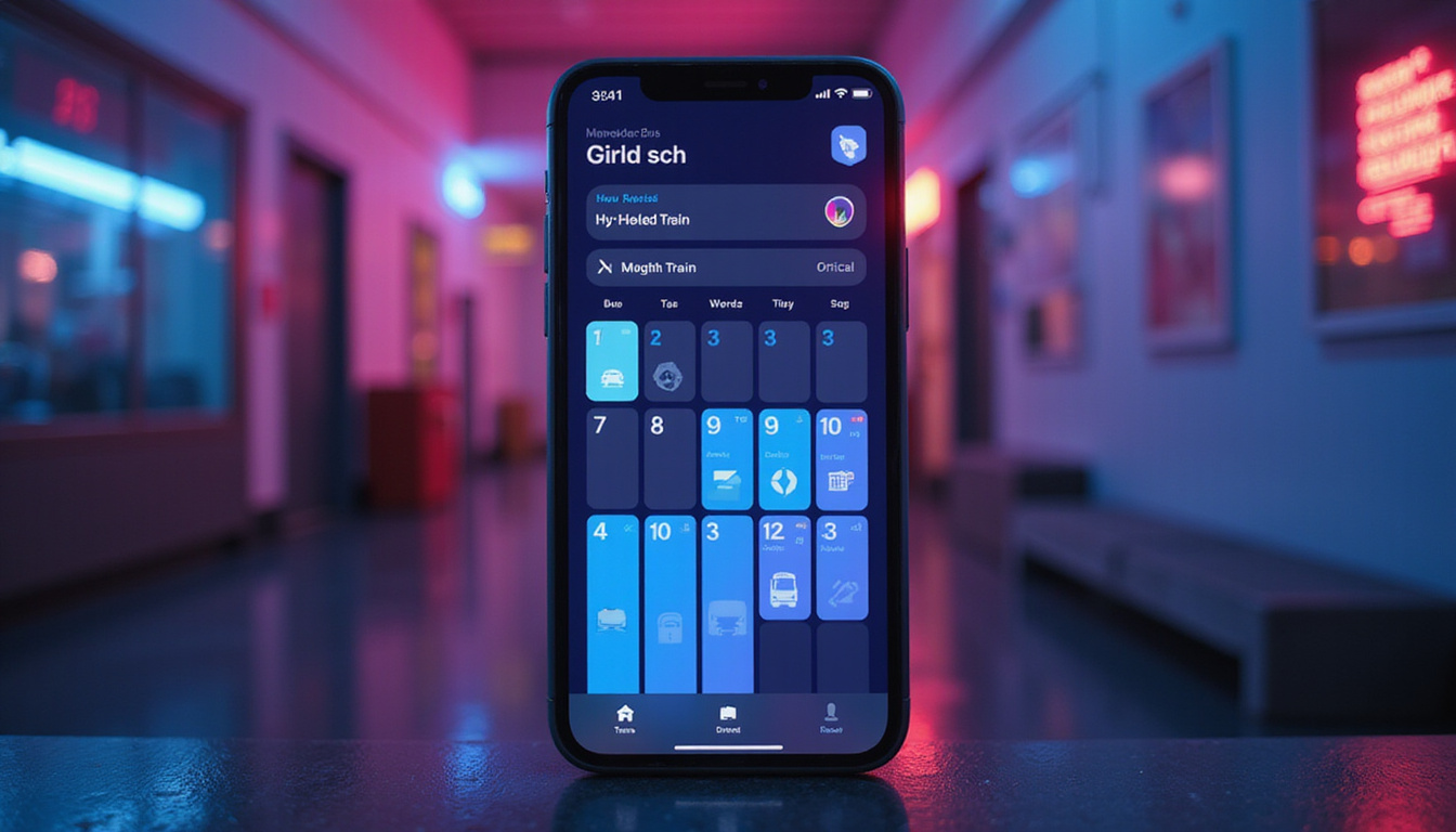  Modern transit calendar app displaying grid, live alerts, train and bus icons, neon accents