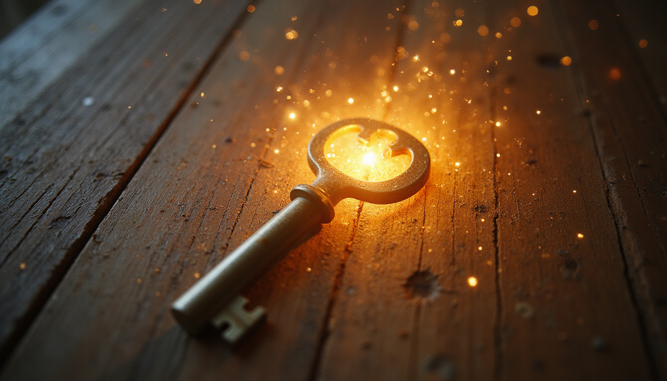  Vintage key unlocking luminous genetic code above smiling diverse descendants, soft golden light