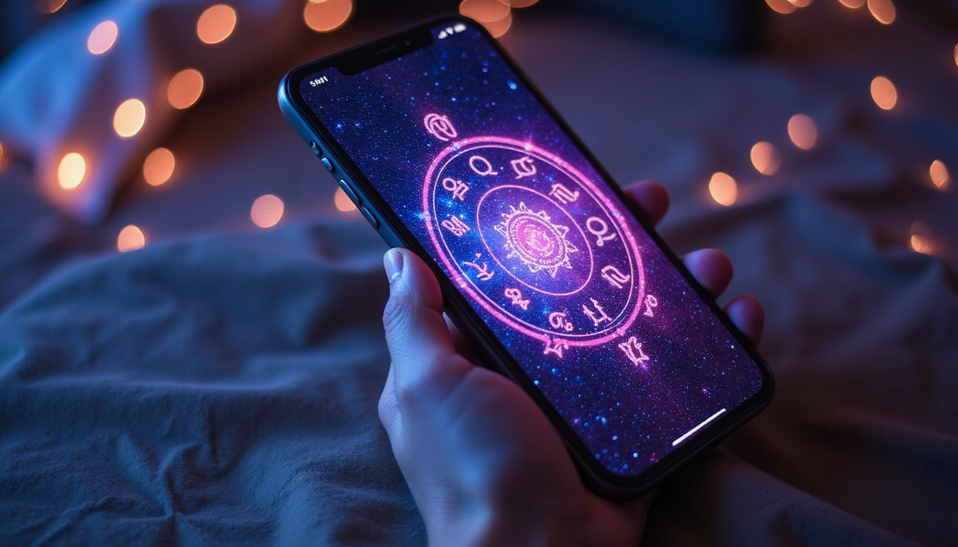 Smartphone showing astrology app daily hacks, neon zodiac glyphs boosting user