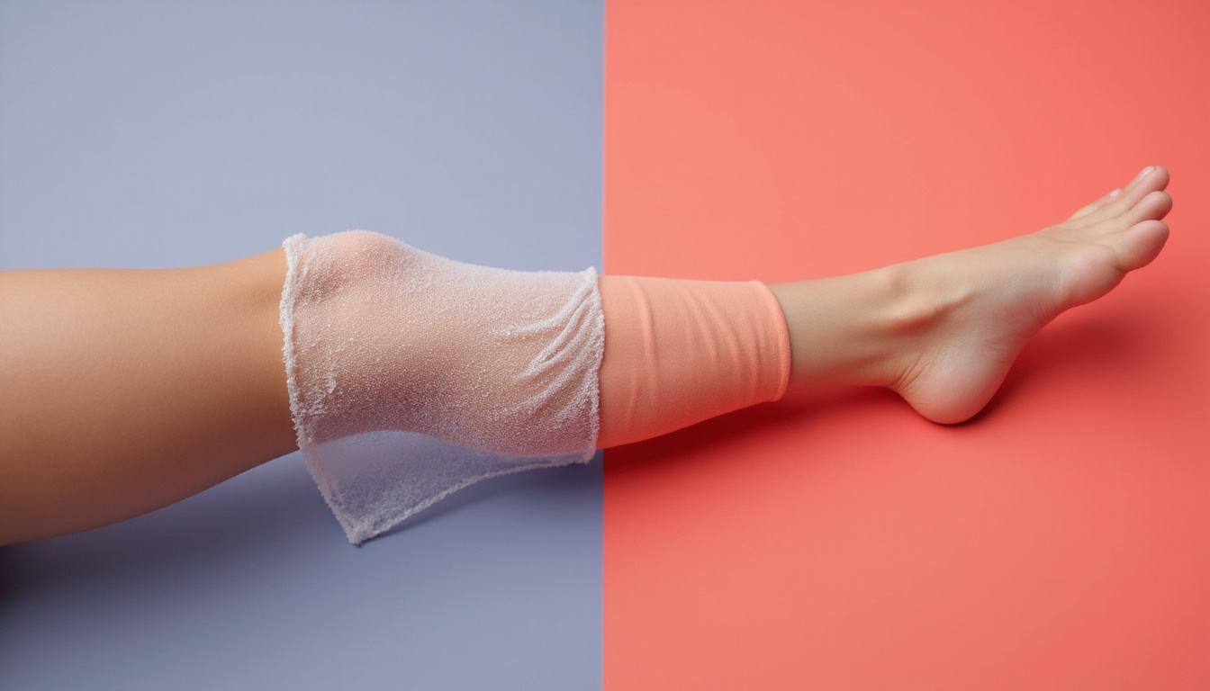  Split-screen close-up: muscular leg alternating hot compress and frozen gel, vivid color contrast