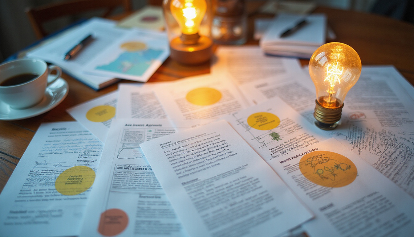  Desk strewn with script pages, strategy map, coffee cup, lightbulb idea glowing, confident agent