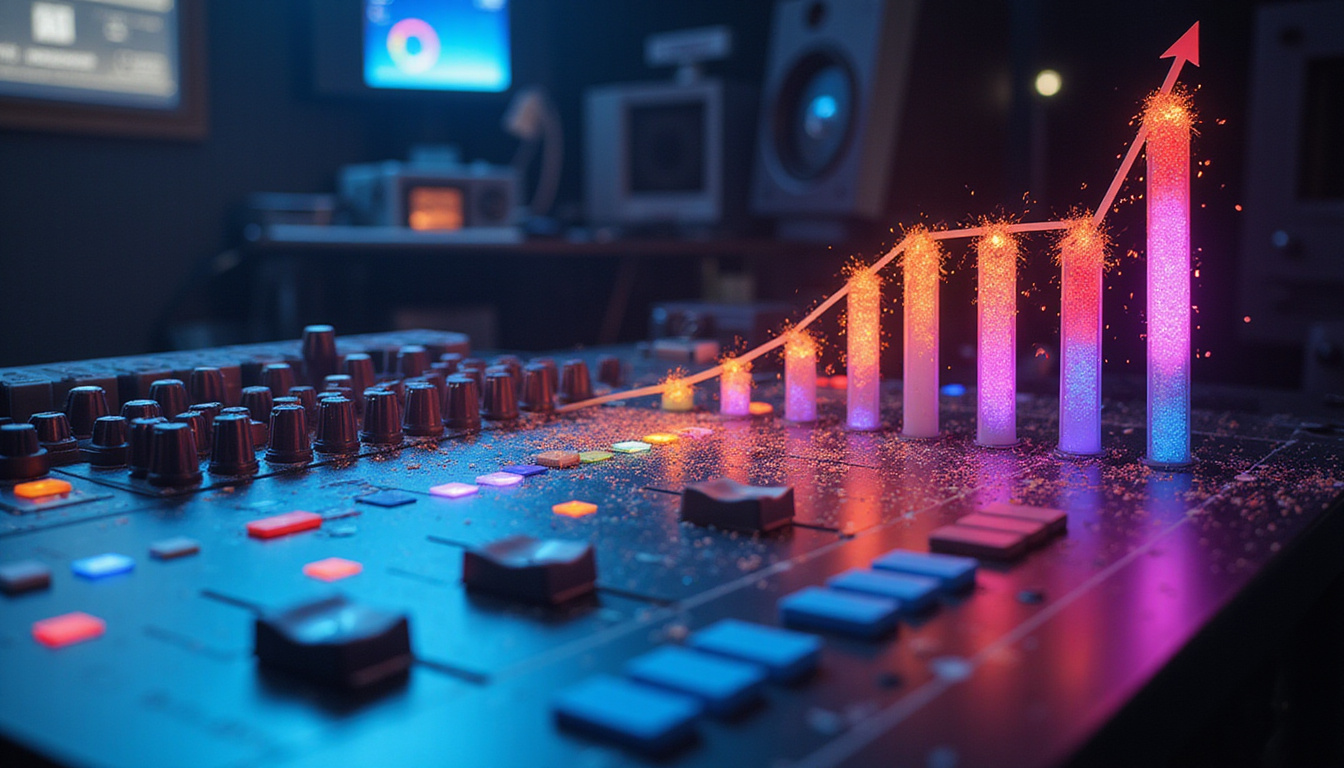  Analytics mixing console blending channels like paint, vibrant colors forming ascending ROI curve