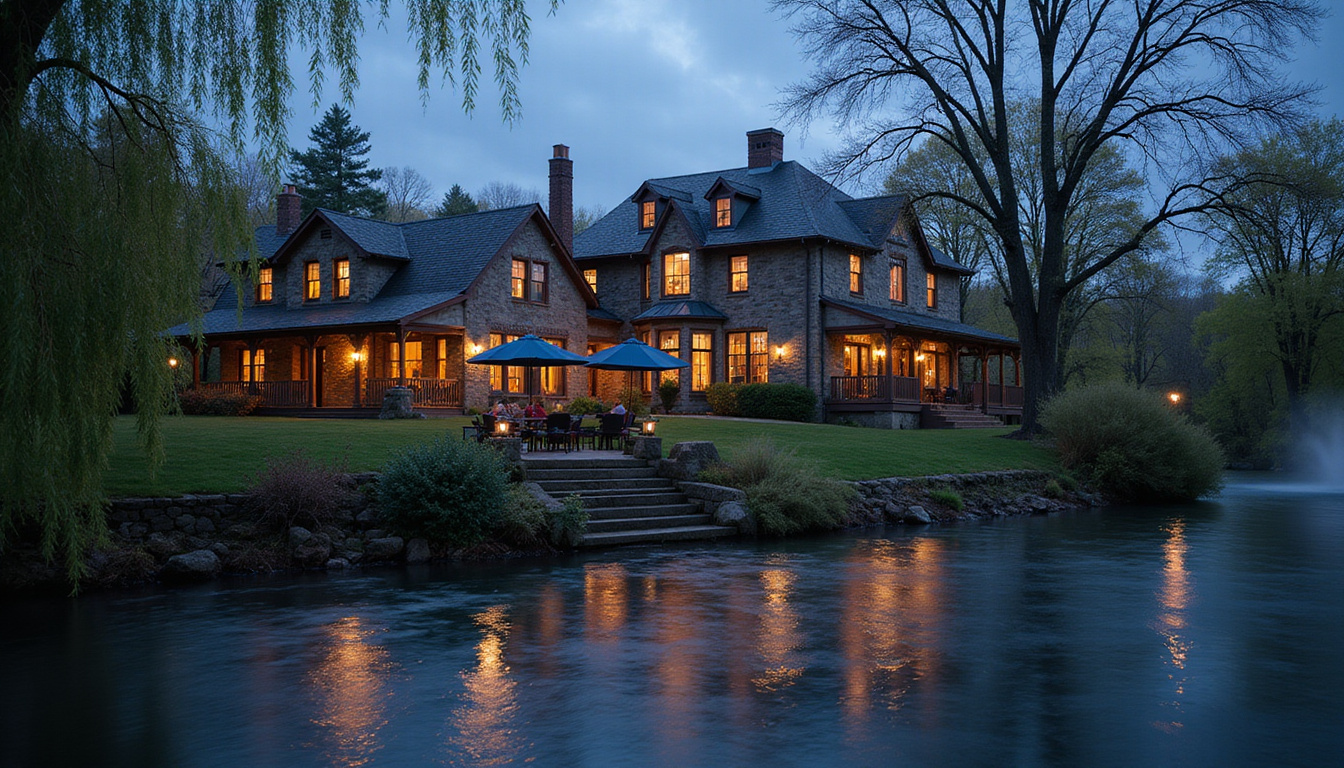  Historic stone river inn at dusk, lantern-lit terrace, willow trees, misty water, intimate ambiance