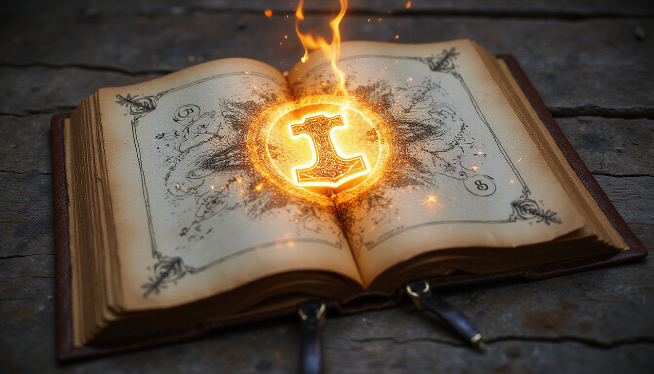 Open ancient manuscript revealing glowing Mjolnir sketch, swirling stormlight and celestial glyphs