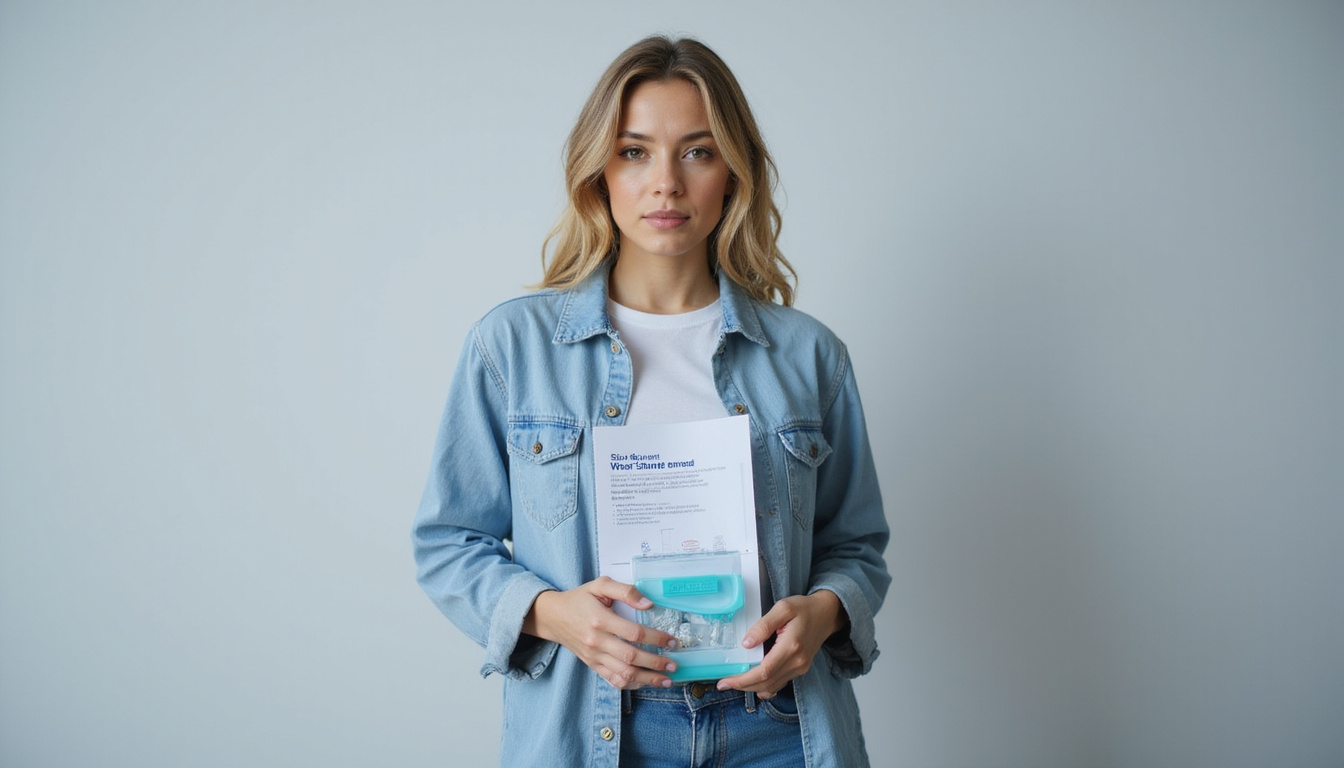  Confident person in casual clothes with disposable sharps container, soft lighting, reassuring medical pamphlet