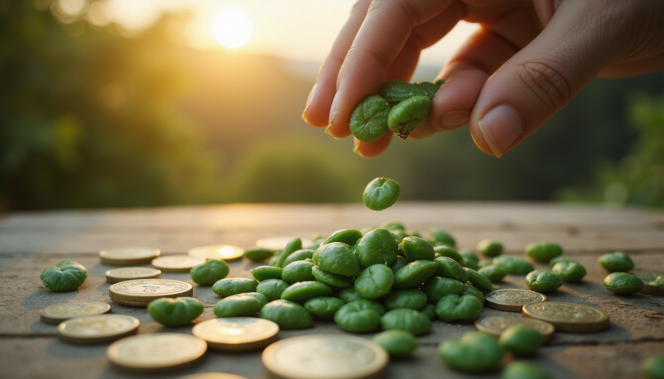  Hand scattering emerald beans over feng shui coins, radiant energy lines, serene dusk