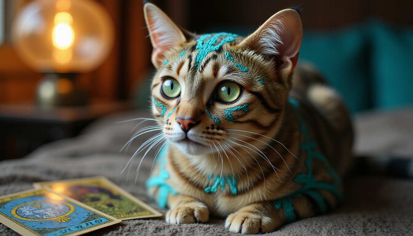  Domestic cat with emerald eyes, ornate gold and turquoise markings, tarot symbols, warm lamplight