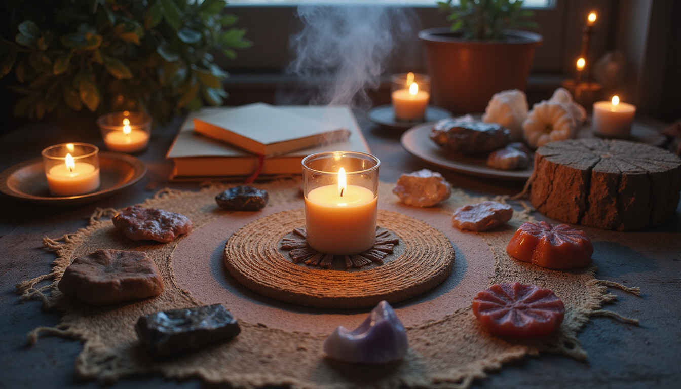  Morning altar with candlelit enchanted circle, crystals, journal, incense smoke weaving protective patterns