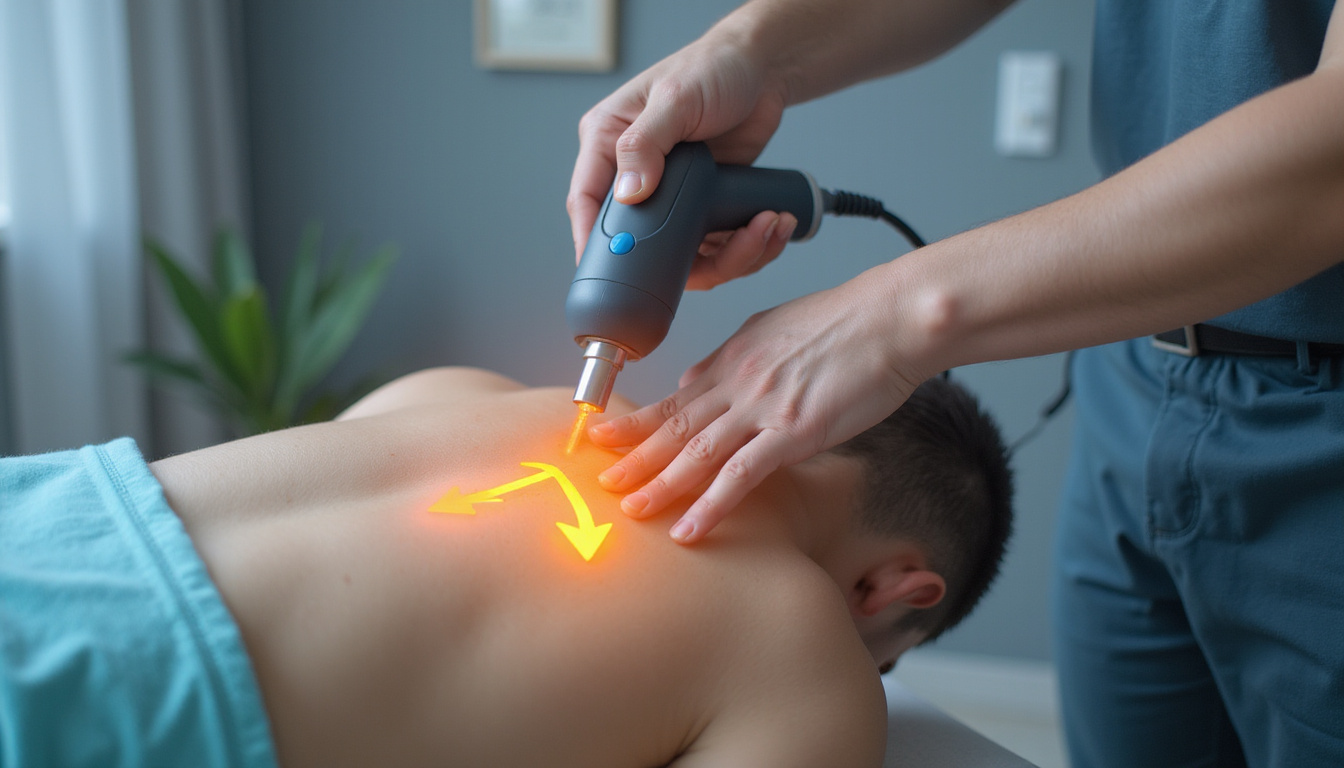  Clinic scene, therapist demonstrating massage gun techniques on shoulder, warm light, arrows showing increased mobility