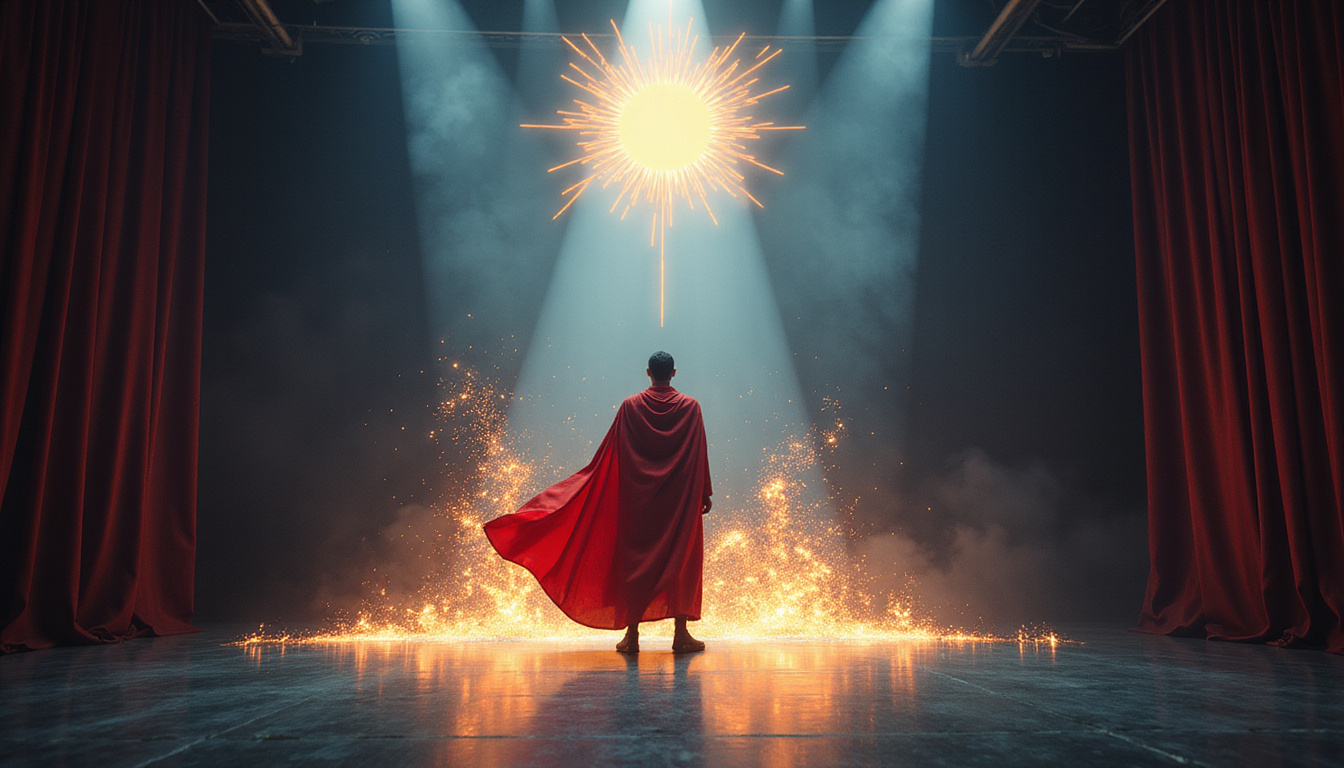 Stage spotlight on charismatic figure, flowing red cape, sun motifs, sparks of energy
