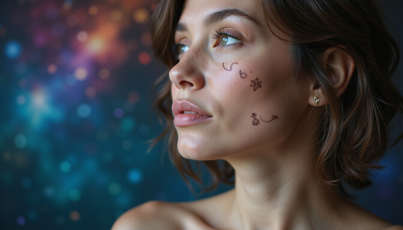 Portrait with astrological symbols etched into skin, shifting color triggers, introspective cosmic background