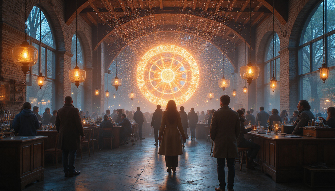 Everyday people guided by luminous zodiac streams weaving through coffee shop, subtle mystic influence
