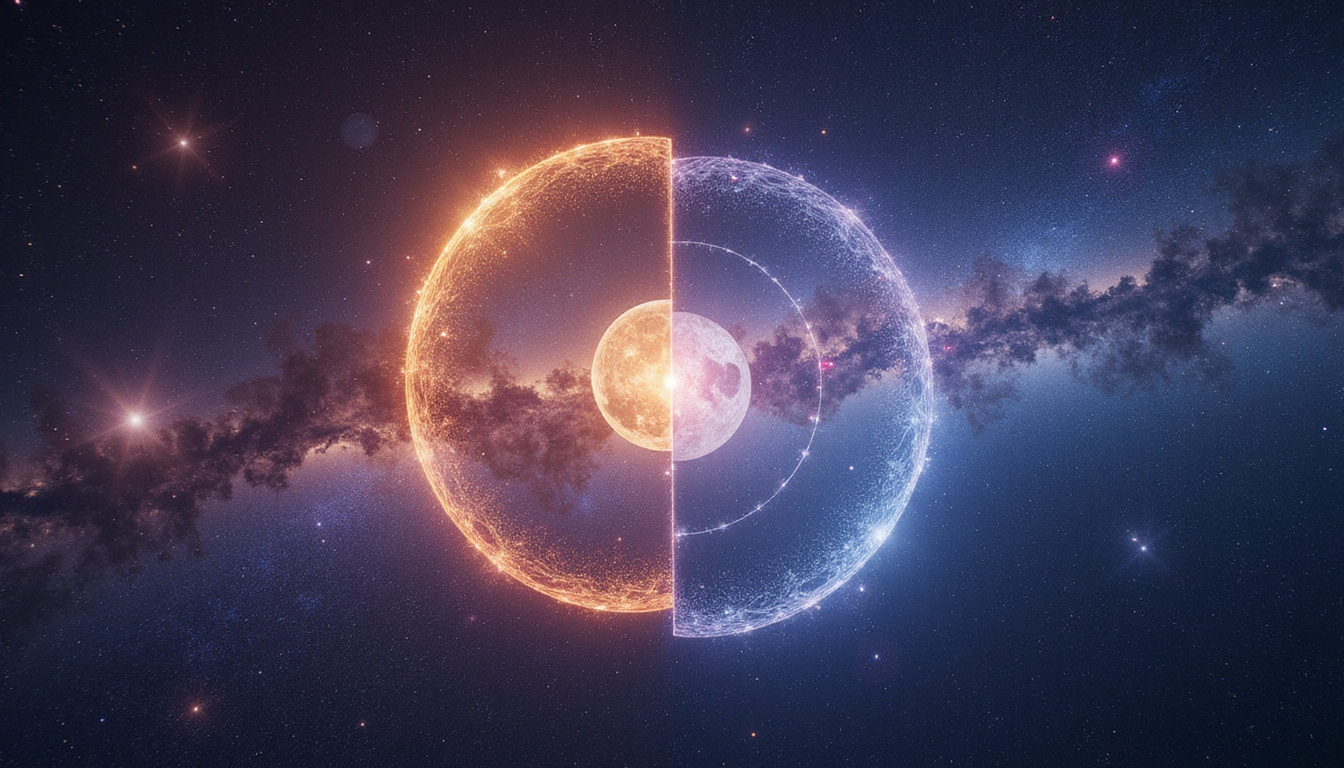 Moon and Venus midpoints glowing between two natal charts, cosmic threads