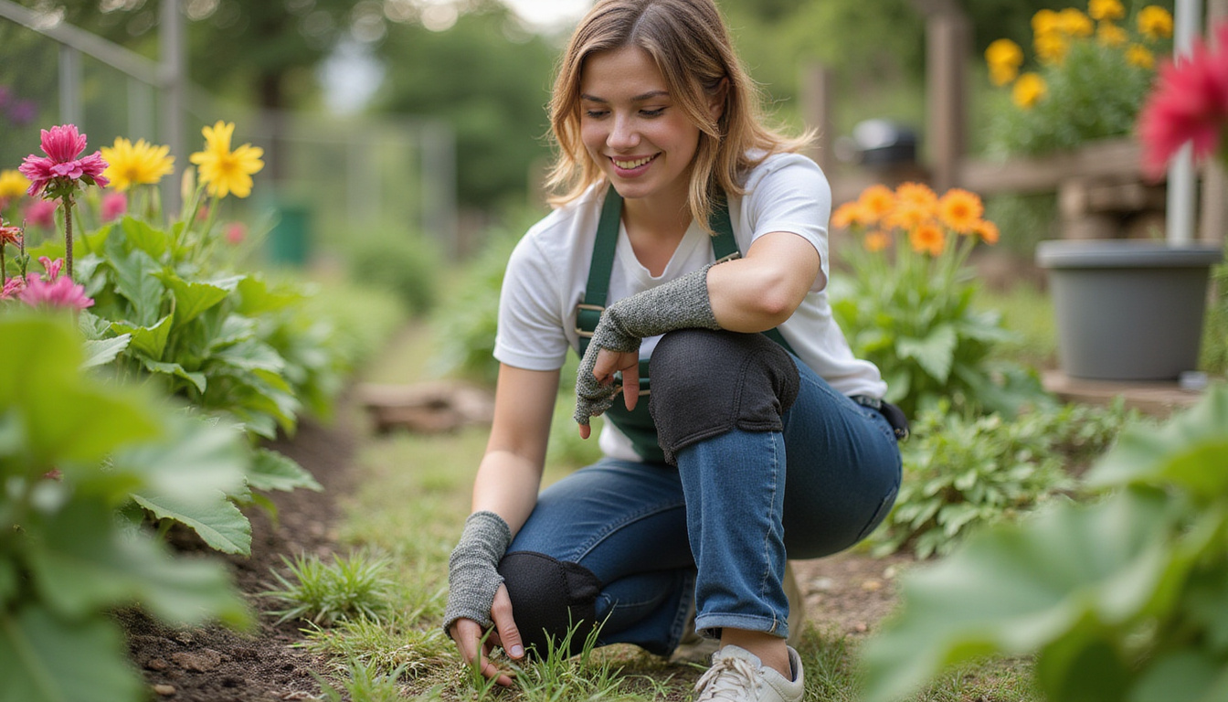  Comfortable knee pads in motion, cushioned gel, adjustable straps, smiling gardener kneeling