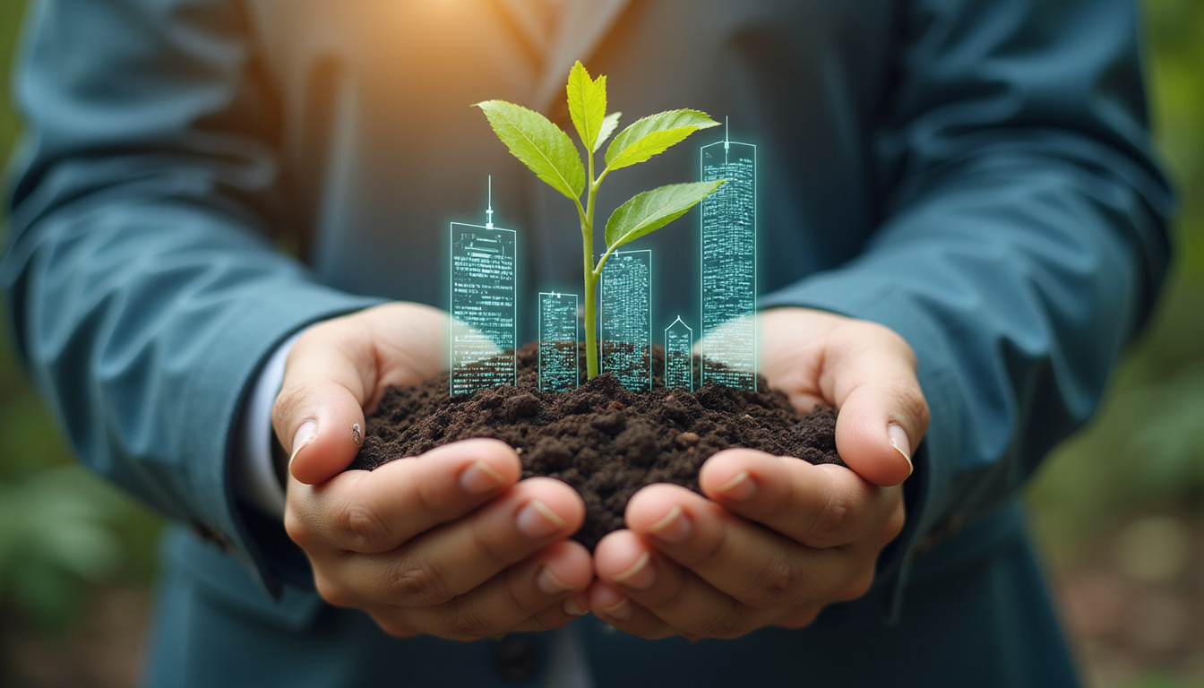 close-up hands planting seedling morphing into skyscraper, financial graphs, vibrant optimistic colors