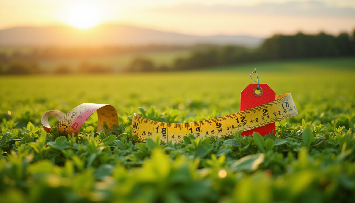  Small rural plots with price tags and measuring tape across green fields, warm sunlight