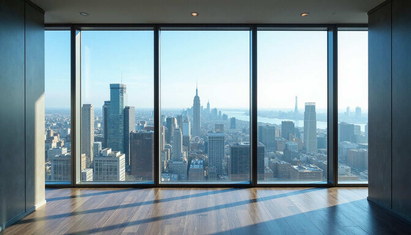  Modern glass-fronted hotel suite with floor-to-ceiling windows framing panoramic skyline and distant monument