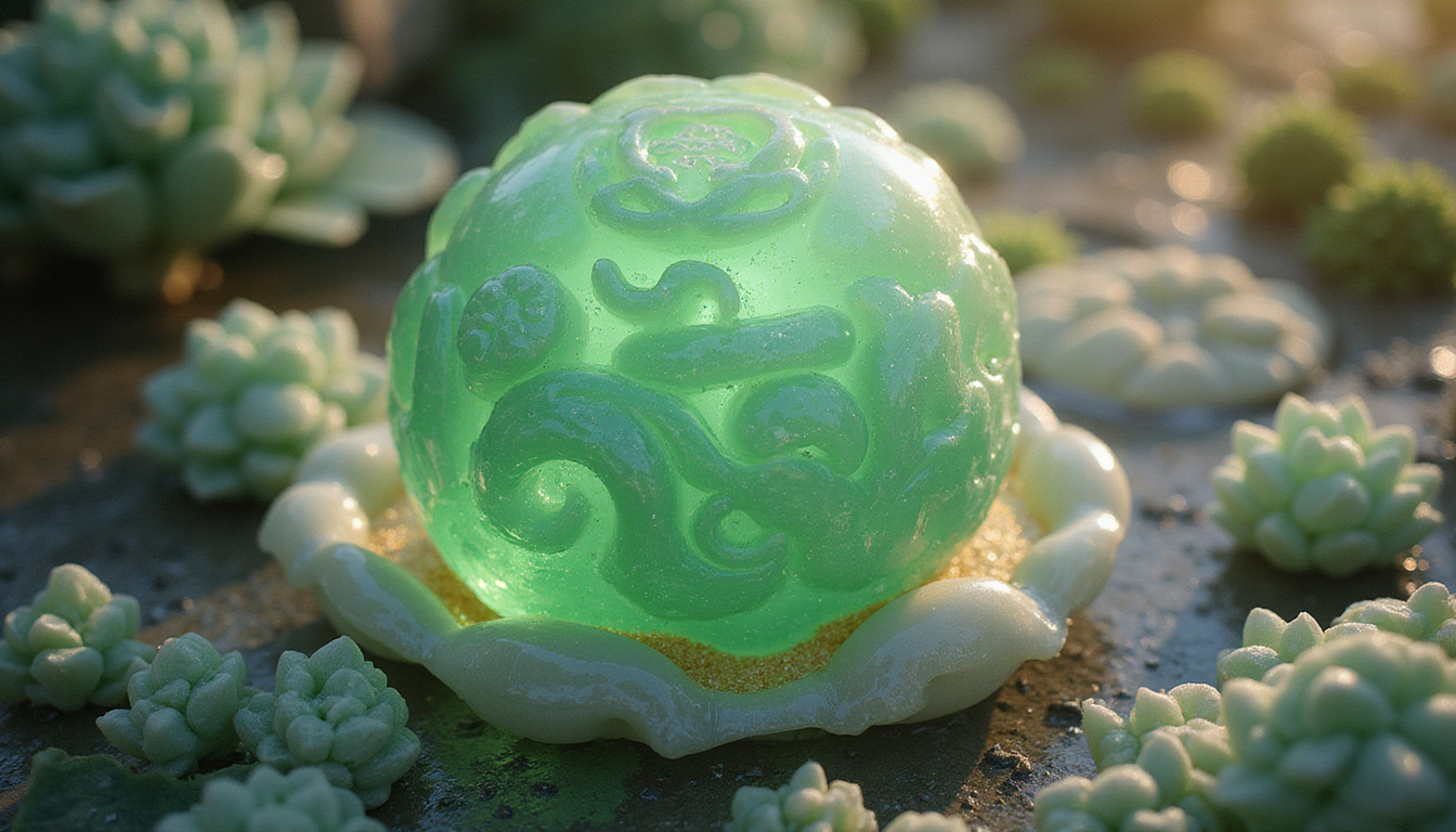  Ancient carved jade Ruyi surrounded by auspicious clouds lotus motifs glowing with feng shui light