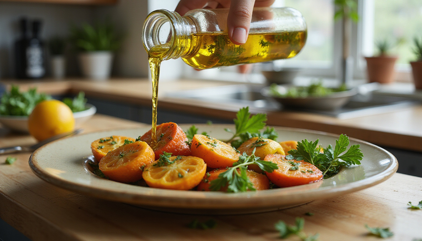  Golden marjoram-infused olive oil pouring over roasted vegetables, vibrant colors, modern kitchen background