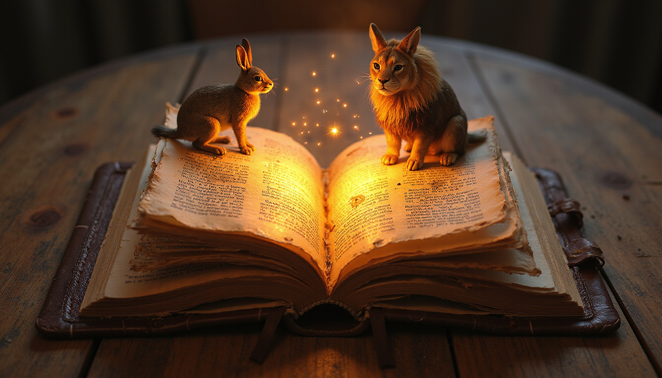  Open leather guidebook, glowing pages, animal characters emerging—hare, crow, lion offering moral compass