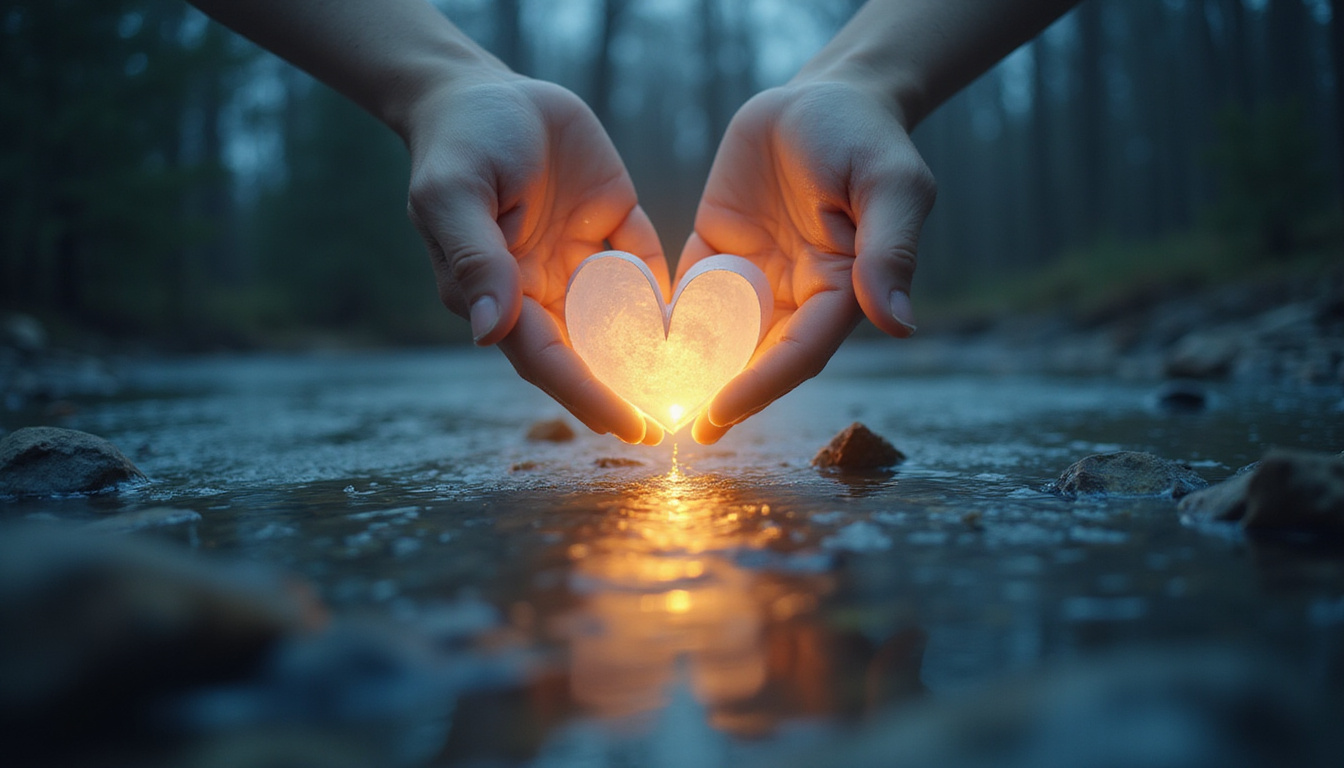  Gentle hands releasing paper heart into moonlit river, ethical ritual, serene reflective magic