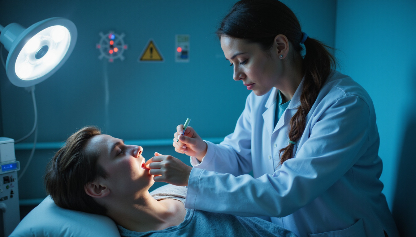 Urgent clinical scene: doctor examining patient with numbness, warning icons, dramatic lighting, realistic