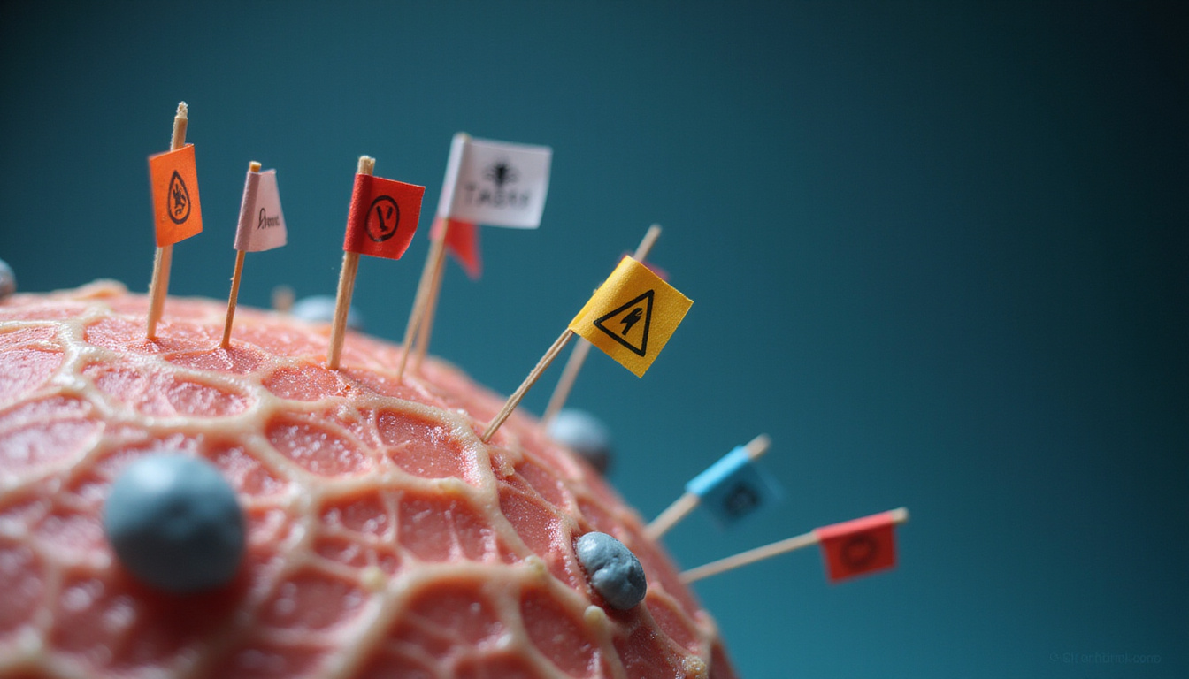  Magnified skin pores emitting tiny warning flags and muted alarms, medical diagram aesthetic