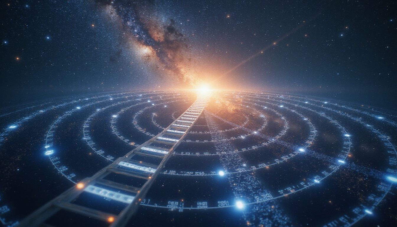  Celestial career ladder spiraling from orbital chart, interconnected relationships glowing like constellations