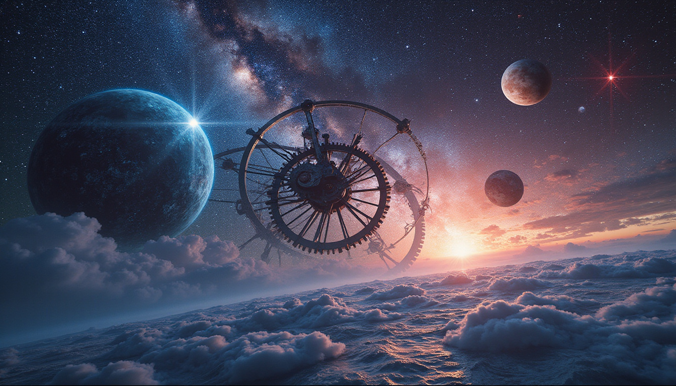 High-contrast cosmic clockwork: planets as gears casting shadow networks over stock markets and rising seas