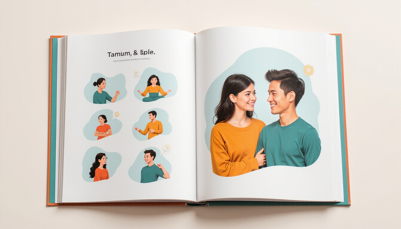  Open illustrated guidebook showing temperament icons, smiling couple practicing mindful communication, soft pastel palette