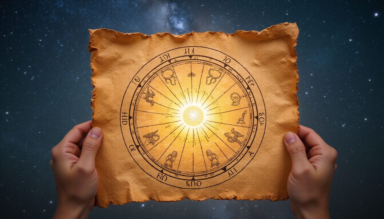  Ancient parchment birth chart, illuminated cusps emitting light, hands tracing astrological lines, starry sky