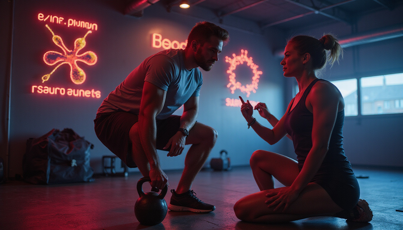  Coach supervising interval session, kettlebells, breath control graphics, glowing mitochondria under skin