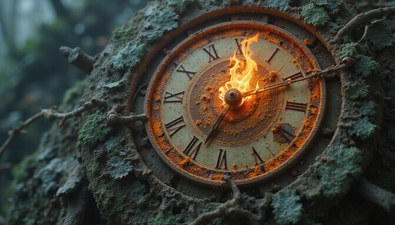  Ancient clockwork organs corroding under TGF beta storm, fibrotic vines, DNA strands burning